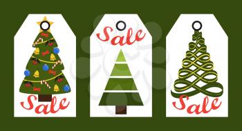 Sale decorative tags with New Year decorated and abstract Christmas trees hanging badge tags, shopping promotional labels announcements about discounts