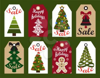 Sale decorative tags New Year decorated and abstract Christmas trees, bell on bow, gingerbread man hanging badge tags, shopping promotional labels set