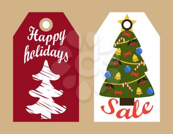 Sale decorative tags with New Year sketch abstract Christmas trees hanging badges, shopping promotional labels announcements info about discounts