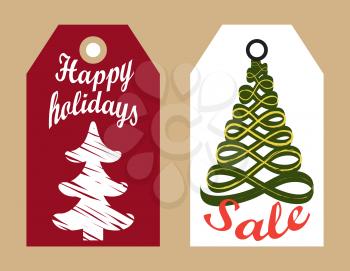 Happy holidays sale badges with New Year sketch abstract Christmas trees hanging tags, shopping promotional labels announcements about discounts