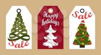 Sale happy holidays decorative tags with New Year abstract Christmas trees with decorations, hanging badge tags, shopping promotional discounts labels