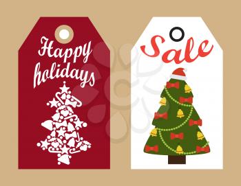 Happy holidays sale decorative tags with New Year decorated and abstract Christmas trees hanging badges, shopping promotional labels vector
