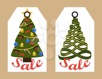 Sale tags with New Year decorated and abstract Christmas trees hanging sticker badges, shopping promotional labels announcements about discounts