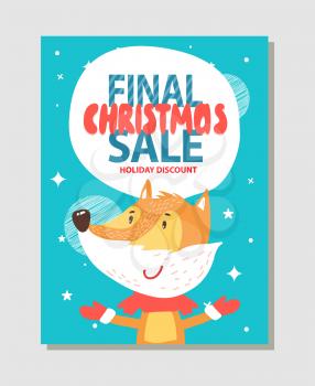 Holiday discount, final Christmas sale, promo poster with image of fox wearing mittens and red scarf, trying to catch stars on vector illustration