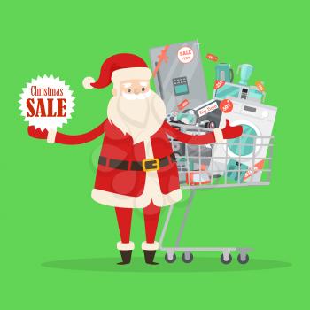 Christmas big sale from Santa Claus in storehouse. Vector illustration of devices in cart. Selling electrical power and modern devices big refrigerator, modern new camera, joystick for playstation