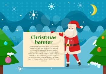 Christmas banner in Santas hand on background of snowy forest with night blue sky. Father Frost with big billboard among decorated New Year trees. Winter city landscape behind his back, vector
