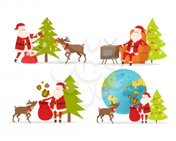 Santa Claus and big reindeer on white background. Christmas decor and present. Big reindeer decorate fir tree, send presents for children around the world. Vector illustration of Man watching TV