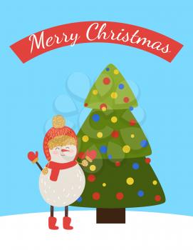 Merry Christmas postcard with cartoon character snowman in warm hat and scarf raising hands up near decorated by balls tree vector greeting poster
