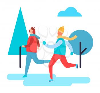 People skiing in winter park, trees and cloud and ice-skating men, activities and spending of time with joy and happiness vector illustration