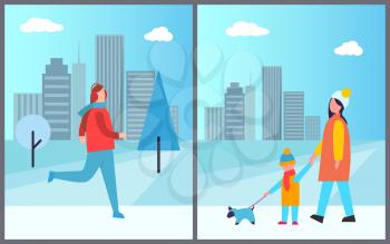 Man skiing and family walking dog, active holidays passed in town, cityscape with skyscrapers and high building with trees vector illustration