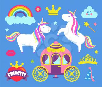Princess party for child girl items set vector. Carriage and unicorns, clouds and wand with star top, crown and heart, lips and flourishing flower