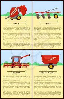 Agricultural machinery set cartoon vector banner. Big combine with wide reaper and plow, baler and grain trailer, new technique, isolated equipment