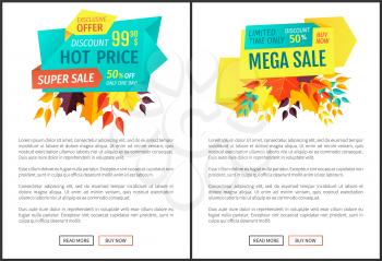 Hot price mega sale posters exclusive offer posters set. Limited time only buy now natural quality products and goods. Autumn reduction deal vector