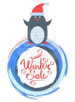 Winter sale poster with penguin wearing santa claus red hat vector illustration isolated on white in Christmas and New Year sales concept, greeting card