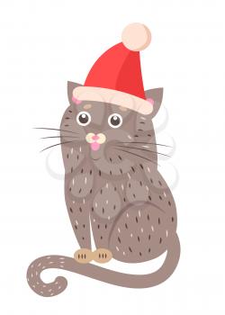 Closeup of funny cat with red hat on its head, animal sitting calmly and looking somewhere, represented on vector illustration isolated on white
