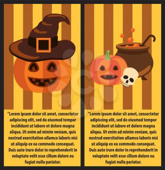 Halloween pumpkins, witch hat, cast-iron vat of magic potion and human skull on festive poster with sample text vector illustration.