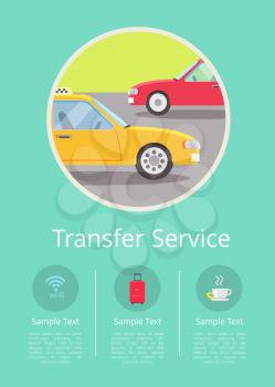 Transfer service information on hotel Internet page with cars on road isolated vector illustration inside circle and text underneath.