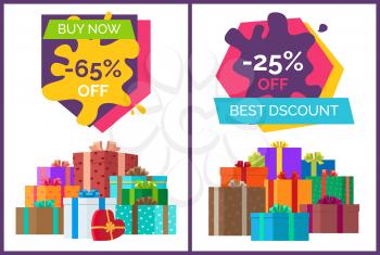 Best discount sale advert with buy now value. Vector illustration with special proposition decorated by boxes wrapped in colorful paper, posters