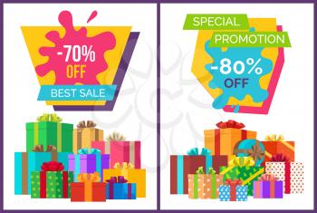 Best sale promotional poster with heap of bright gift boxes with ribbons and bows isolated vector illustrations set on white background.