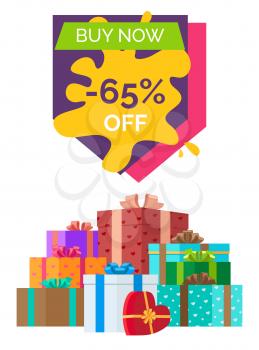 Buy now sale clearance with colorful sign consisting discount value. Vector illustration with special offer and gift boxes on white
