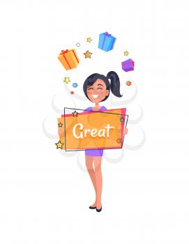 Smiling girl dreaming about boxes with presents holding billboard in hand with text great. Vector illustration with woman and sale banner on white