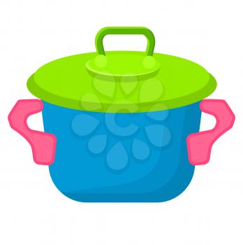 Blue toy saucepan with green top isolated vector illustration. Kitchen utensils for children play in flat style design on white background