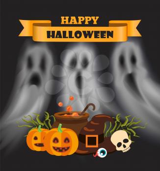 Happy Halloween poster with text on ribbon banner and pumpkin vegetable vector. Potion in pot, brewing poison and hat, skull and herbs, eye and hat