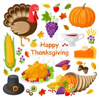 Happy Thanksgiving day poster with isolated icons set vector. Turkey animal and prepared dish. Corn and grapes, strawberry and pumpkin, maple leaves