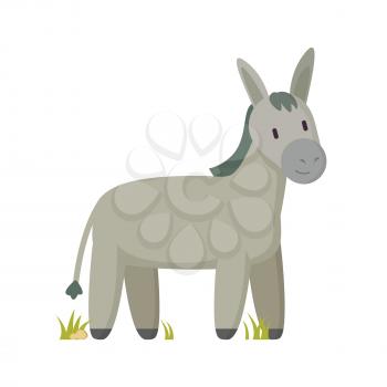 Donkey farm animal vector illustration. Gray burro smiling cartoon character standing on glass mellowy tint applique isolated poster for children.