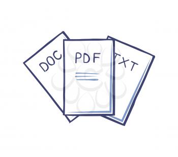 Pdf and doc, text documents isolated icons vector. Electronic files containing information and data. Printed written materials, office documentation