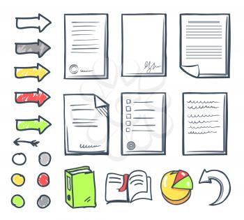 Office paper and arrows isolated icons set vector. Books with bookmark, page with information and signature, book and pie diagram giving info data