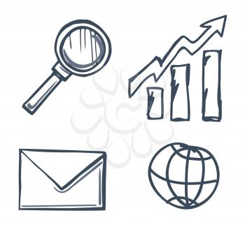 Magnifying glass and message in envelope isolated icons set vector. Paper information in correspondence, rising chart, increasing arrow indicator