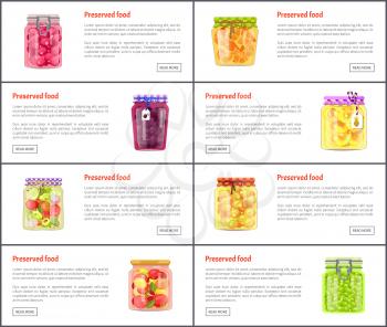 Preserved healthy food in jars web banners set. Homemade conserved fruits, vegetables and berries Internet promo pages with text vector illustrations.