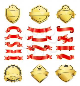 Emblems set shaped and bordered gentilitial shields with crown, star or dot signs and signature tapes, traditional heraldic shiny ribbons variations.