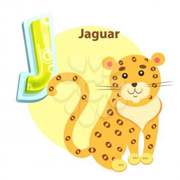 Jaguar wild animal children alphabet poster with sitting wildcat. Abc for kids with J letter word. Learning language helping items isolated vector