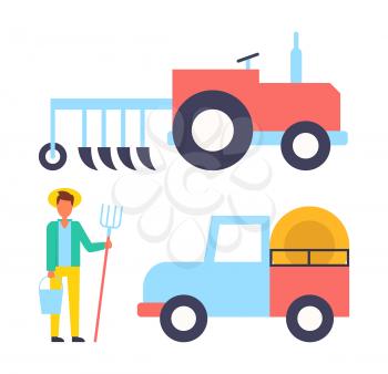 Farmer and machinery icons set. Person with hayfork bucket and tractor. Trailer transporting hay farming man with tools equipments isolated vector signs