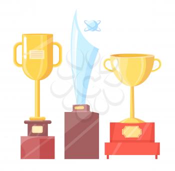 Awards for sport achievements isolated on white colorful vector illustration with different cups, glass and gold trophies set, sparkle prizes on racks
