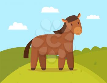 Domestic horse on walk color vector illustration, brown animal with mane and tail, rural landscape with farm mammal on pretty glade, cute sunny day