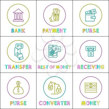 Purse with payment and money converter color cards isolated on white background, rest of finance and bank building icon colorful vector illustrations