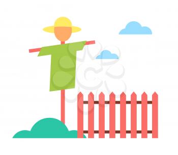 Scarecrow in garden on farm cartoon vector icon. Schematic picture of straw dummy in hat and clothes among plants, bogey standing near fence isolated
