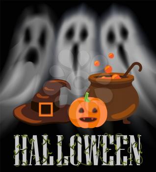 Halloween ghosts and apparitions poster with night haunting creatures vector. Pot with brewing potion, poison and pumpkin with cap, old hat of witch