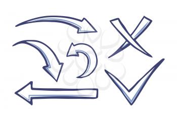 Arrows and pointers, checkmark and cross for voting and leaving choices vector. Swirl arrowheads and indicators, cursor design isolated icons set