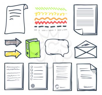 Office paper document and thought bubbles isolated icons set vector. Envelope and pages with signatures of people. Arrows and book letter and pointer