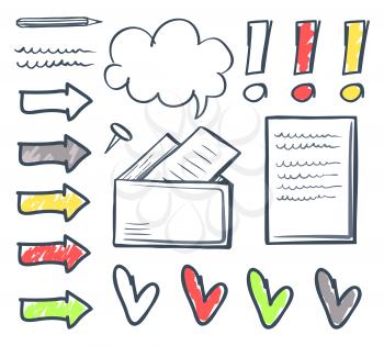 Office envelope and arrowheads isolated icons set vector. Thought bubble and exclamation marks, pin sketch and hearts pencil and pages with information
