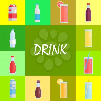 Refreshing drinks in bottles, pasteurized milk in cardboard packs and sweet soda in glasses with straws vector illustrations set.