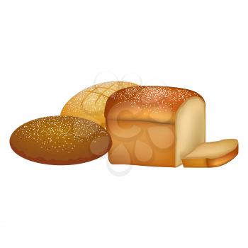 Delicious freshly baked white, rye and whole grain bread loafs sprinkled with powder isolated vector illustration on white background.