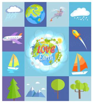 Love Earth poster made of squares with vector illustrations of rain and snow clouds, air crafts, sea crafts, green trees, high mountains, factory building and Earth.