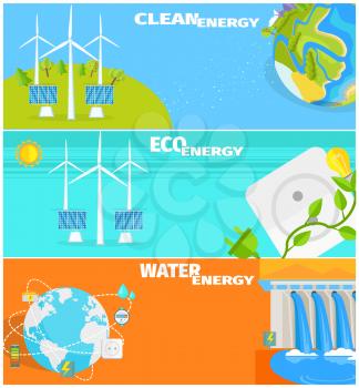 Clean eco water and wind energy vector illustrations. Natural ways to obtain energy from Earth resources without pollution.