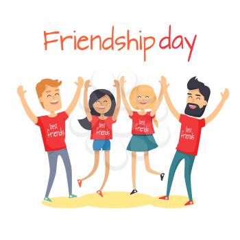 Friends congratulating each other holding hands up and jumping isolated on white. Friendship Day celebration vector illustration. Cartoon young people in cheerful and happy mood have fun together.