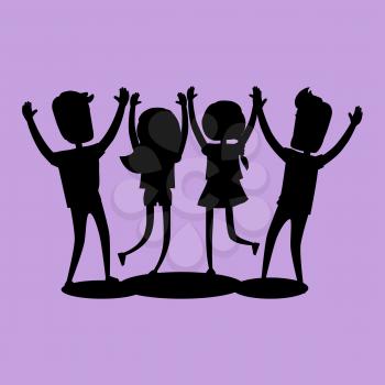 Company of friends congratulate each other holding hands up silhouettes on purple. Friendship Day celebration vector illustration. Cartoon young people in cheerful and happy mood have fun together.